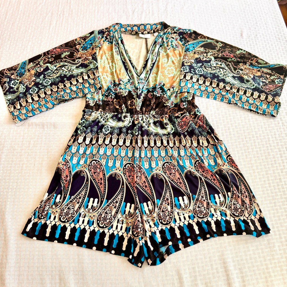 New York & Company Paisley Boho Romper Kimono Sleeve V-Neck Multi-Color Large